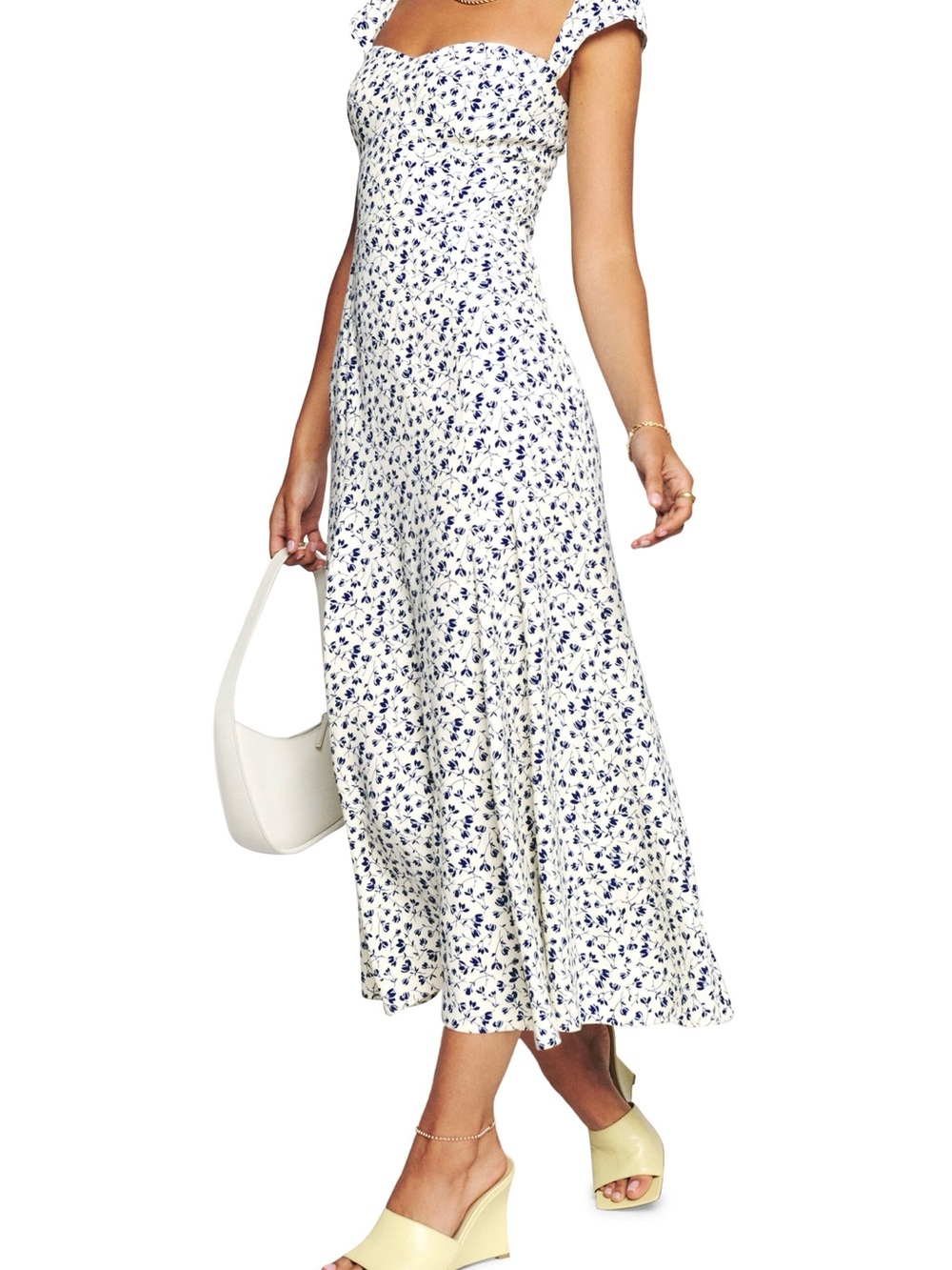 Reformation Bryson Midi Dress Sz 2 White Blue Floral Mykonos Sweetheart - Picture 3 of 14